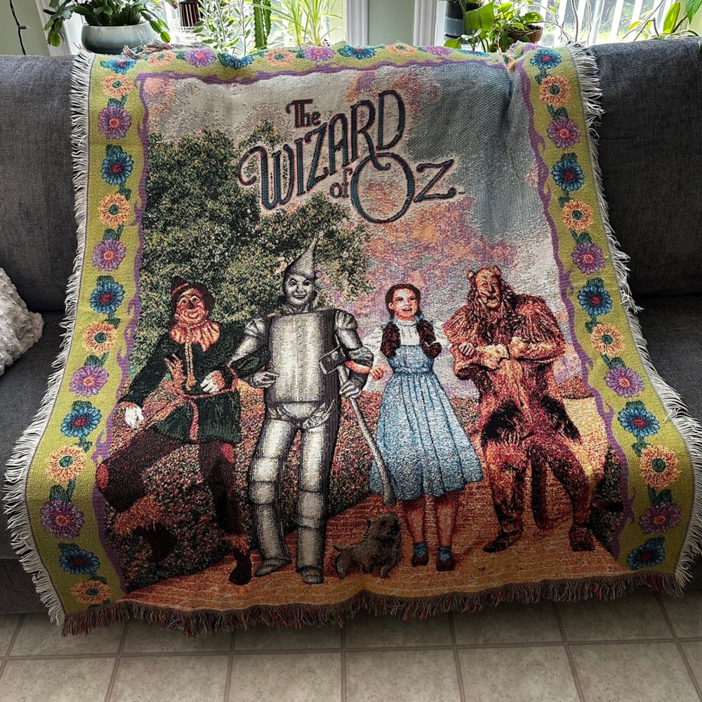 Vintage Wizard of Oz Woven Tapestry Throw Blanket Dorothy Tin Man 48x60 Fringe